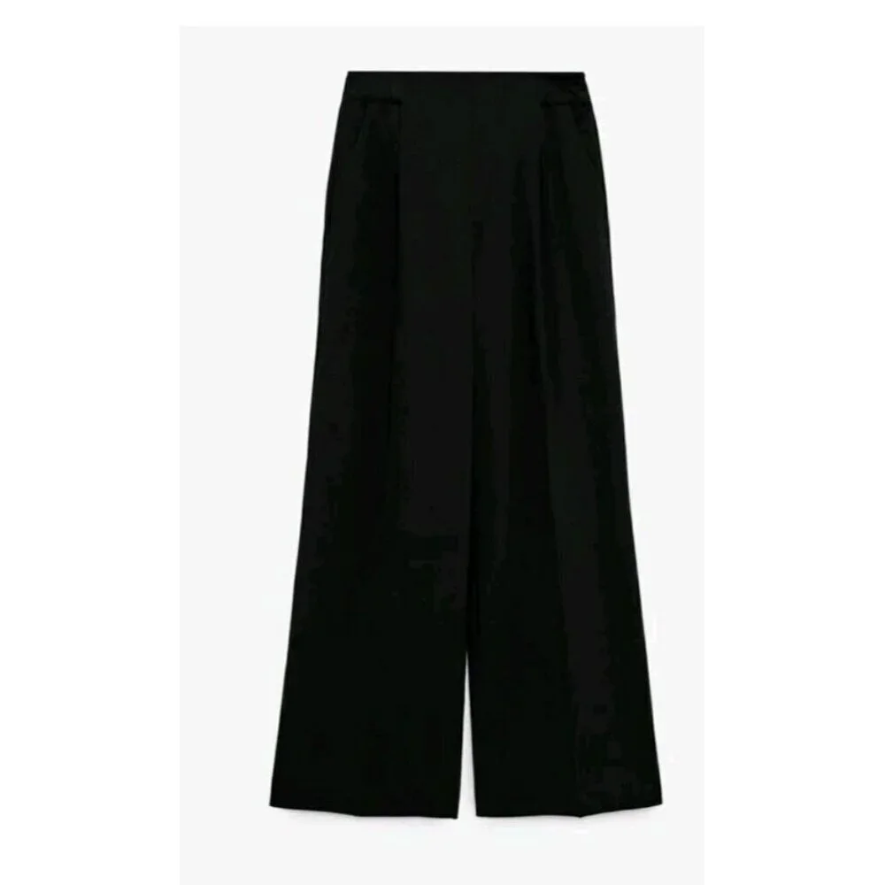 BNWT ZARA FULL LENGTH LINEN BLEND BLACK PANTS TROUSERS SIZE M 7385 490